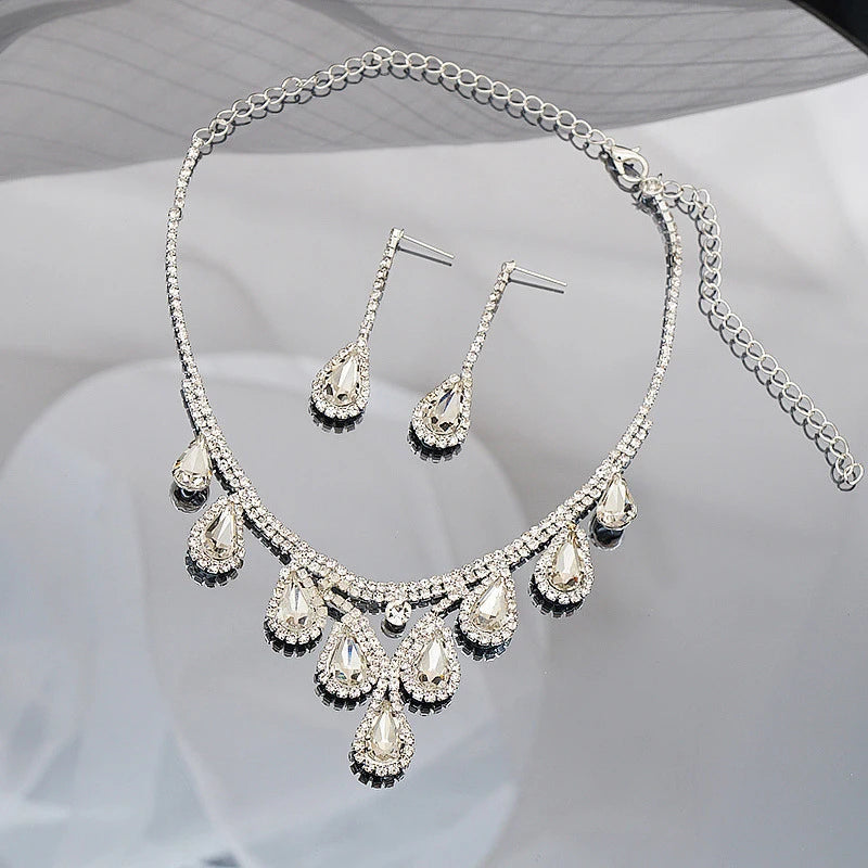 Bridal Wedding Jewelry Women Silver-Plated Rhinestone Long Earrings Dress Accessories Bridesmaid Delicate Crystal Necklace Set Good Vibrations Adult Super Store