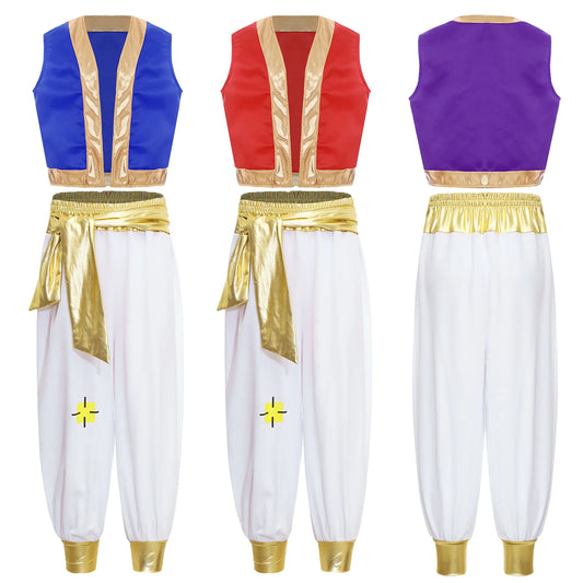 #6-16 Arab Prince Costume Persian Arabian Halloween Role Play Cap Sleeves Vest Waistcoat with Harem Pant Suit Carnival Outfits Good Vibrations