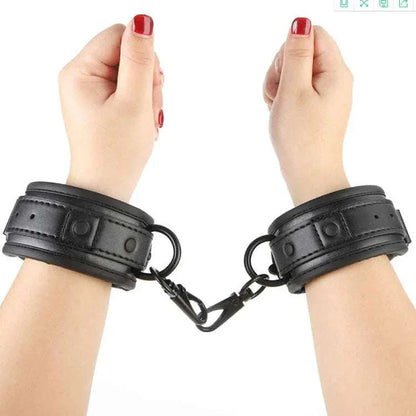 SM erotic leather handcuffs, footcuffs, bondage binding set for couples.
