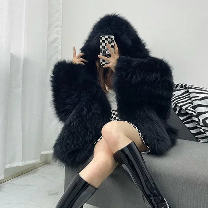 Faux Fur Jackets for Women Autumn Winter Short Bat Maxi Hooded Coats Warm Thick Coat Loose Open Stitch Jacket Y2k Streetwear Good Vibrations