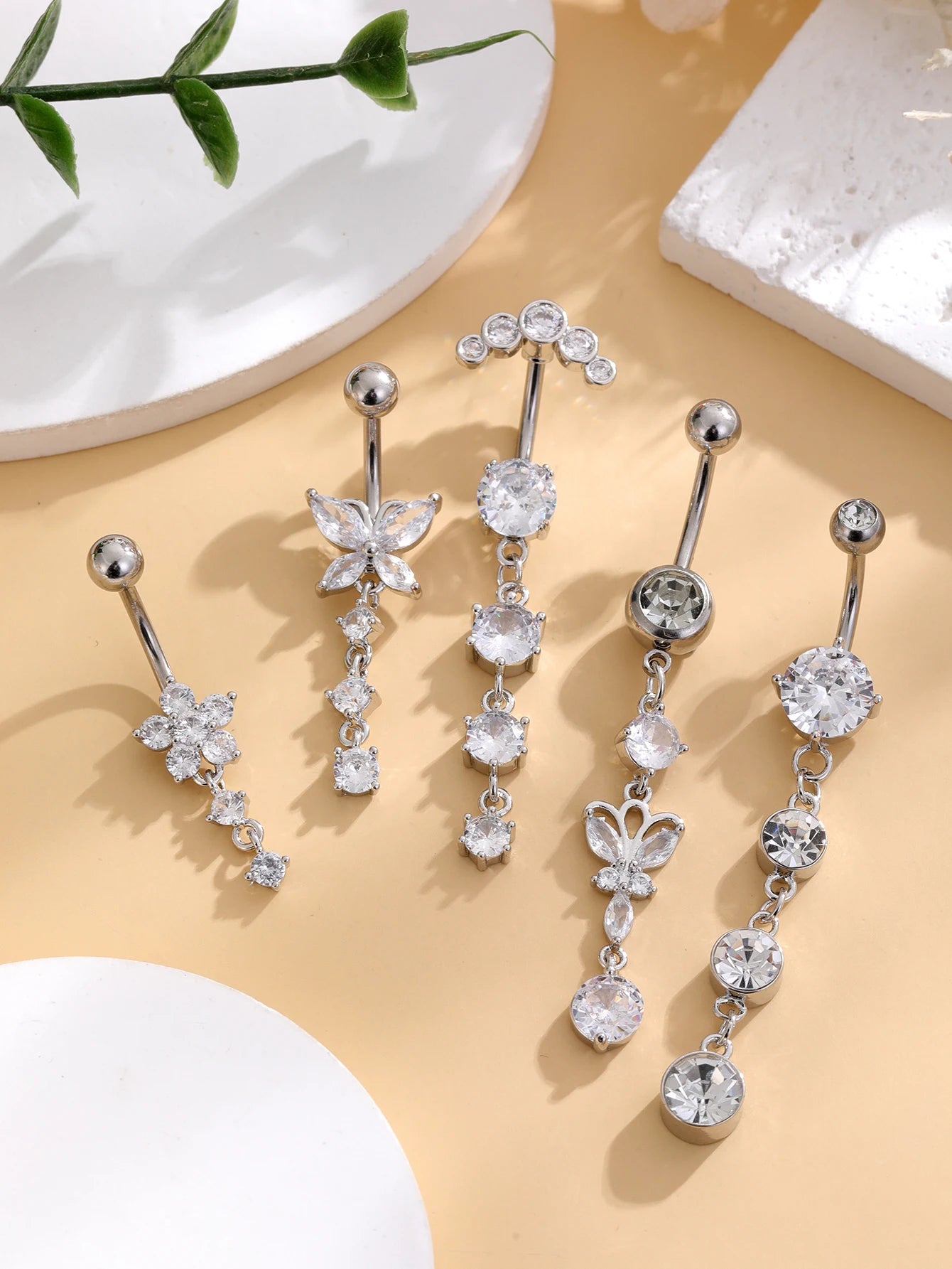 3-5pcs/Lot Belly Button Ring Sets Heart Butterfly Flower Dangled Belly Piercing Nombril 14G Curved Navel Rings Jewelry for Women Good Vibrations Adult Super Store