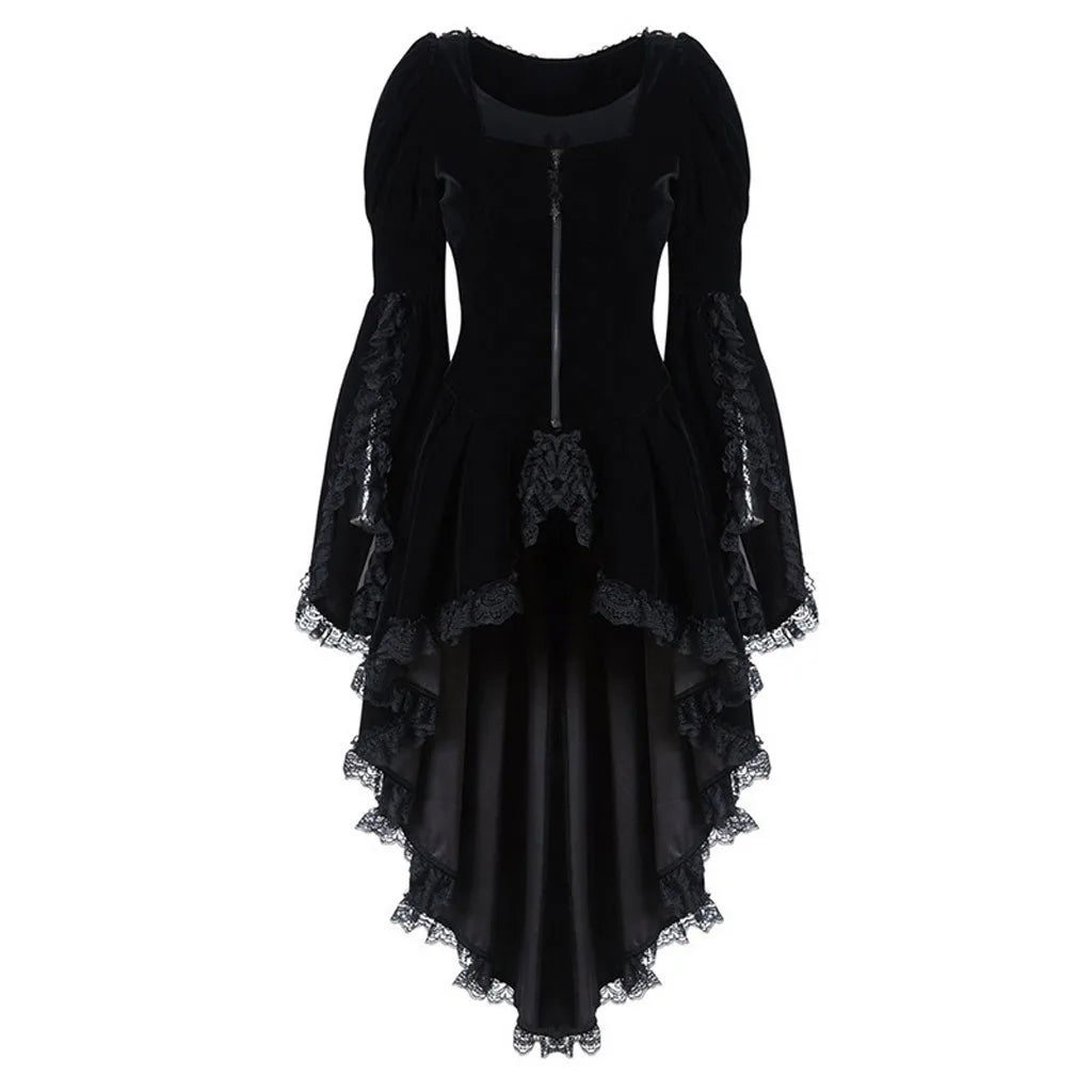 Medieval Women Gothic Dress Long-Sleeved Vintage Stitching Back Lace Waisted Halloween Party Long Dresses Cosplay Gothic Dress Good Vibrations