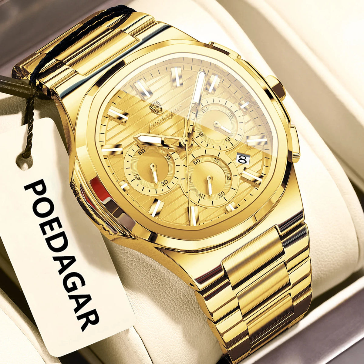 POEDAGAR Business Man Wristwatch Date Chronograph Waterproof Luminous Luxury Men Watch Stainless Steel Quartz Men's Watches Male Good Vibrations