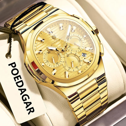 POEDAGAR Business Man Wristwatch Date Chronograph Waterproof Luminous Luxury Men Watch Stainless Steel Quartz Men's Watches Male Good Vibrations