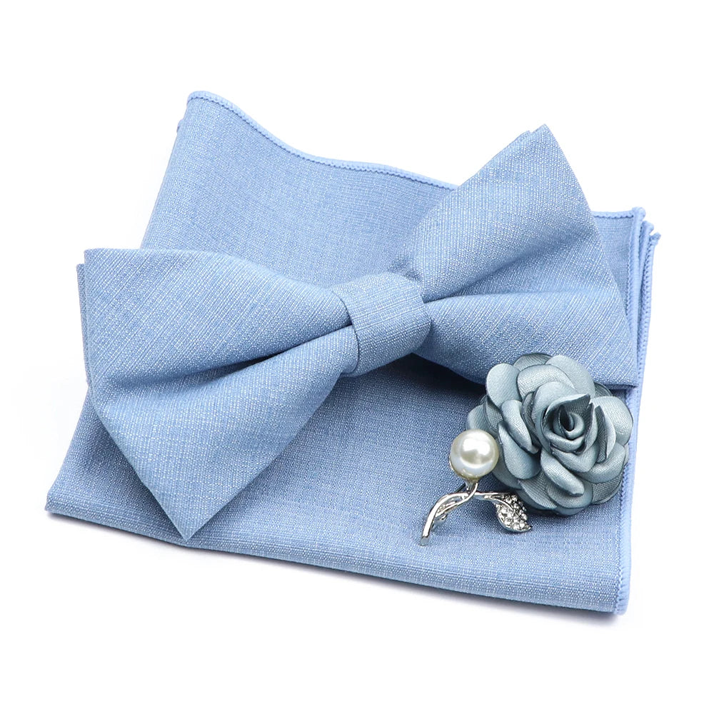 Mens Wedding Bowtie Brooch Set Romantic Solid Color Bamboo Fiber Bowknot Flower Lapel Pin Blue Pink Cravat Suit Shirt Accessory Good Vibrations