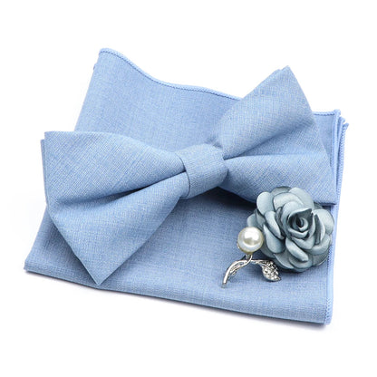 Mens Wedding Bowtie Brooch Set Romantic Solid Color Bamboo Fiber Bowknot Flower Lapel Pin Blue Pink Cravat Suit Shirt Accessory Good Vibrations