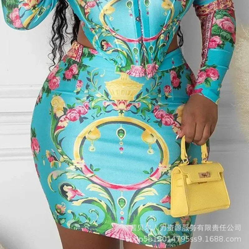 New Womens Dress Sets New Blue Floral Print Top Skirt Set Two Piece Sets Womens Outifits Good Vibrations