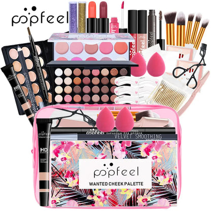 POPFEEL all-in-one makeup kit with eyeshadow palette, foundation, lip gloss, blush, brushes, eyeliner, and beauty tools in a floral case