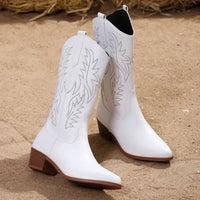Women's Mid-Calf Boots 2024 New Autumn Winter Shoes Women Fashion Chunky Heeled Boots Vintage Western Cowgirl High Heels Boots Good Vibrations
