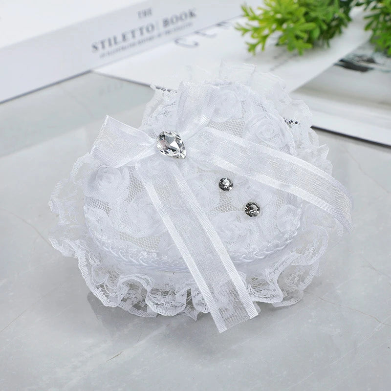 Ring Box Heart Wedding Lace Holder Pillow Ceremony Pillows Jewelry Bearer White Shape Boxes Pearl Rhinestone Case Love Proposal Good Vibrations