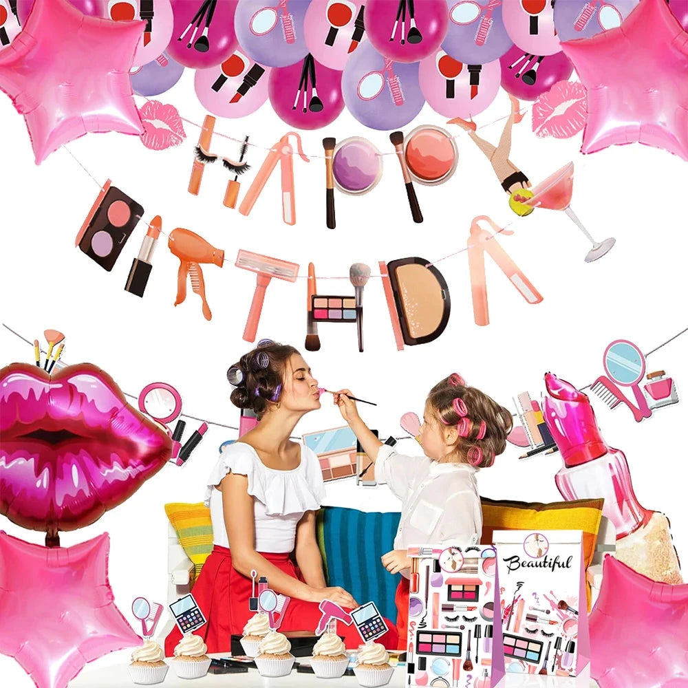 Spa Makeup Party Decorations Happy Birthday Banner Balloons Cake Topper for Girls Women Makeup Birthday Spa Party Decor Supplies Good Vibrations