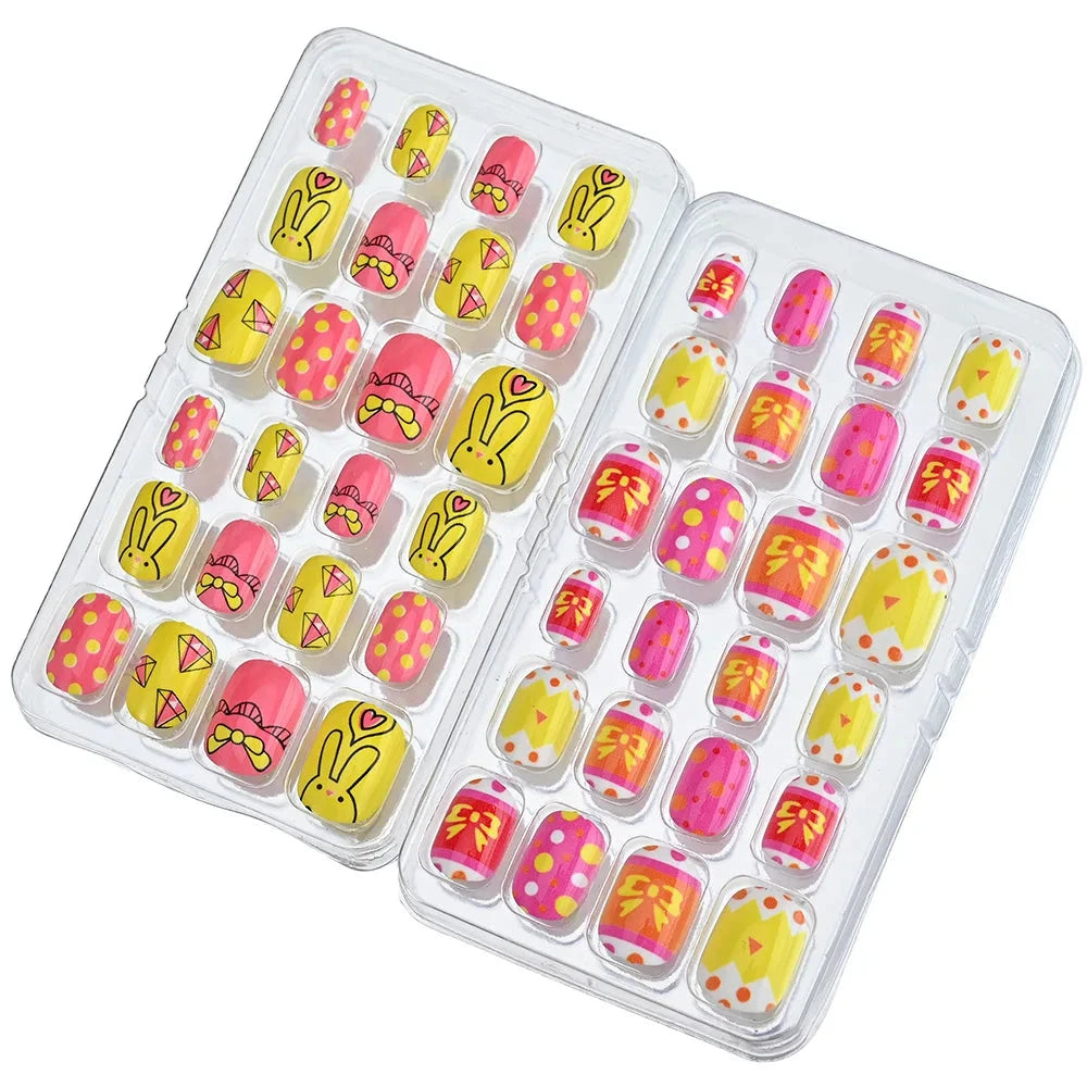 24 Pcs/box Children Cartoon Nail Tips Colorful Artificial Fake Nails for Cute Kids Girls Full Cover Short False Nail Art Kits* Good Vibrations