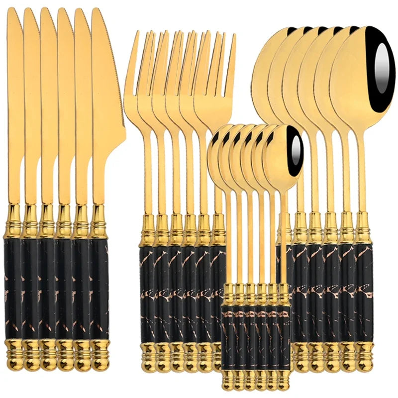 24Pcs Cutlery Set Stainless Steel Dinnerware Kitchen Fork Knife Tea Spoon Tableware Set Flatware Set Gold Silverware Set Good Vibrations