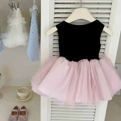 Children's Clothing, Girls' Dress, Summer New Style, Children's Evening Cloud Yarn, Flying Sleeve Princess Dress, Baby Bow Dress Good Vibrations