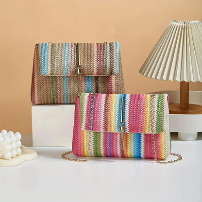 Chic Rainbow Stripe Straw Crossbody Bag for Women Adjustable Shoulder Strap Magnetic Closure Tassel Accent, Fashion Square Purse Good Vibrations