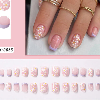 24Pcs Short Square Coffin False Nails French Glitter Wearable Fake Nails Acrylic Full Cover Women Ballet Press on Nails Tips Good Vibrations