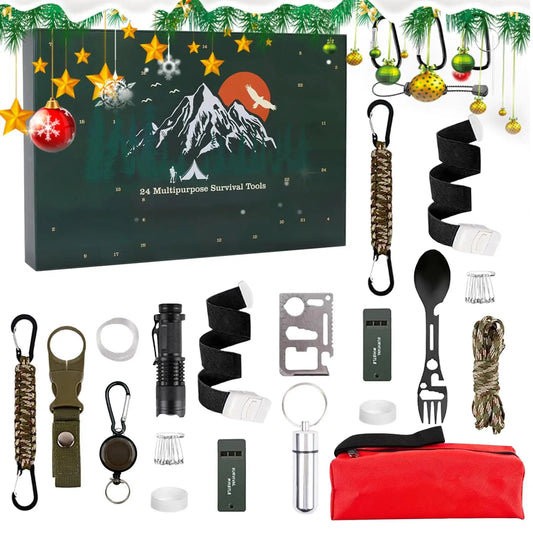 Survival Kit Countdown Calendar 24 Days Survival Kit Calendar for Men Complete Weather-Resistant Metal Tool Gadget for Holiday Good Vibrations