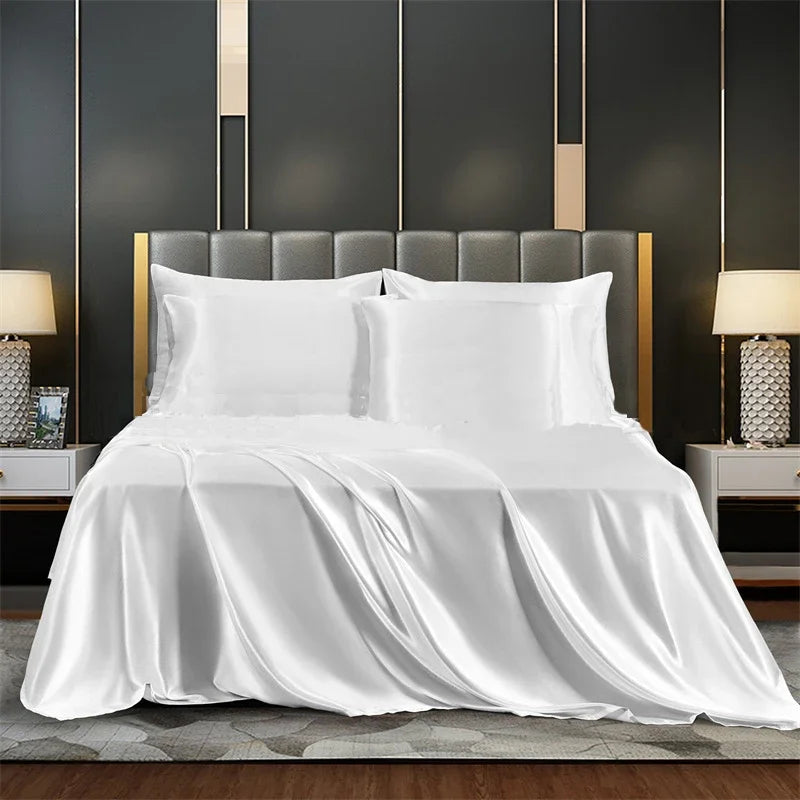 Summer Luxury Satin Silk-like Bed Sheet Set (Flat Sheet + Fitted Sheet + Pillowcase) Solid Color Mattress Cover Twin Full Queen Good Vibrations