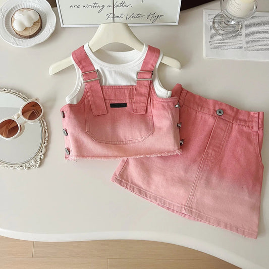 Children's Clothing Sets Denim Halter + Sleeveless T-shirt + Skirt 3pcs Girl Clothes Kids Boutique Clothes for 2 To 7 Years Good Vibrations