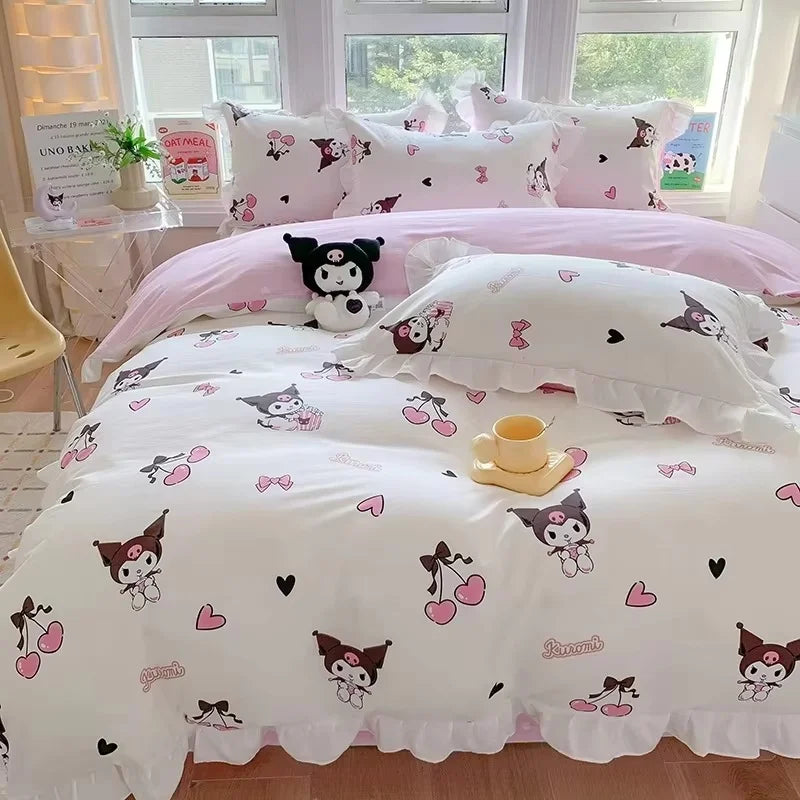 Sanrio Kids Bedding Set Kuromi Cinnamoroll Mymelody Duvet Cover Bed Sheet Pillowcase Bedsheet Double Single King Queen Twin Size Good Vibrations