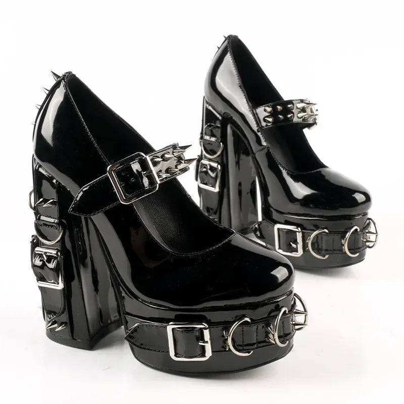 Super High Heels Gothic Pumps Metal Buckle Belt Rings Rivet Sexy Platform Cosplay Chunky High Heels Ankle Strap High Heel Shoes Good Vibrations