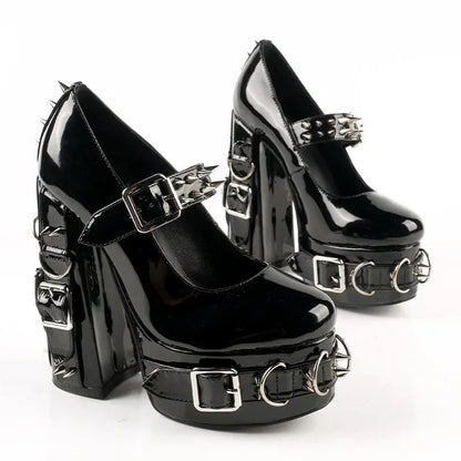 Super High Heels Gothic Pumps Metal Buckle Belt Rings Rivet Sexy Platform Cosplay Chunky High Heels Ankle Strap High Heel Shoes Good Vibrations