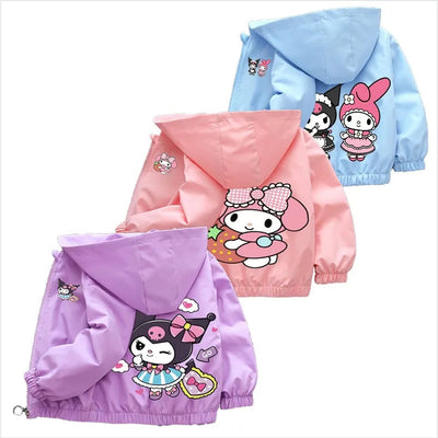 Kuromi Melody Girls Windbreaker Jacket 2024 New Spring Autumn Kid Fashion Cartoon Zipper Hooded Coat Teen Clothing Birthday Gift