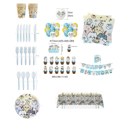 yiji Birthday Party Supplies Set Cartoon Tableware Decorations with Balloons Plates Cups Banner Cake Toppers Kids Gift Good Vibrations