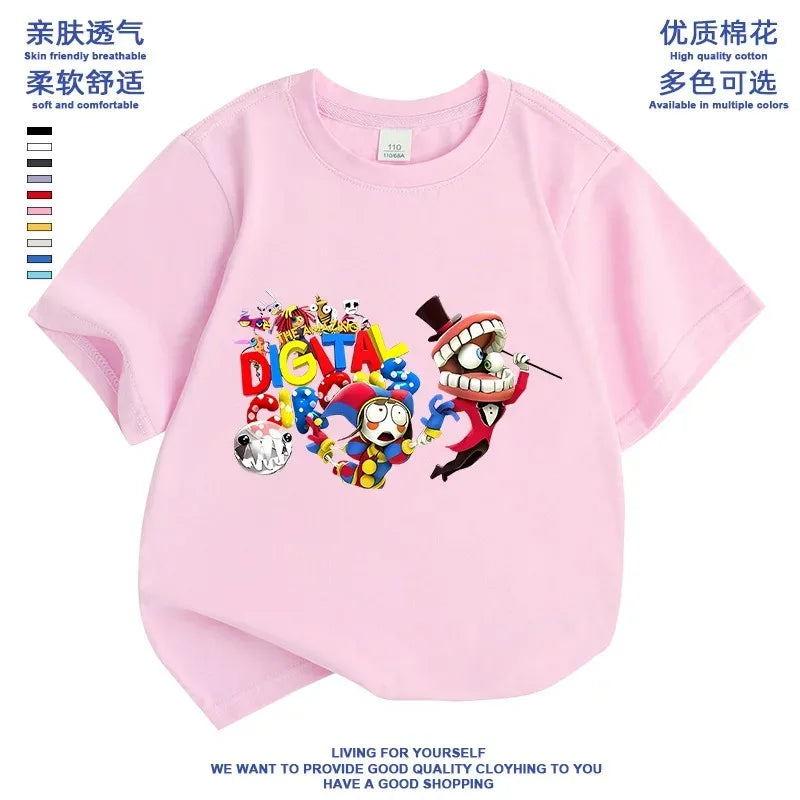 2026 Pure cotton boys and girls' short-sleeved T-shirt summer children's clothing cartoon magic digital circus children's top Good Vibrations