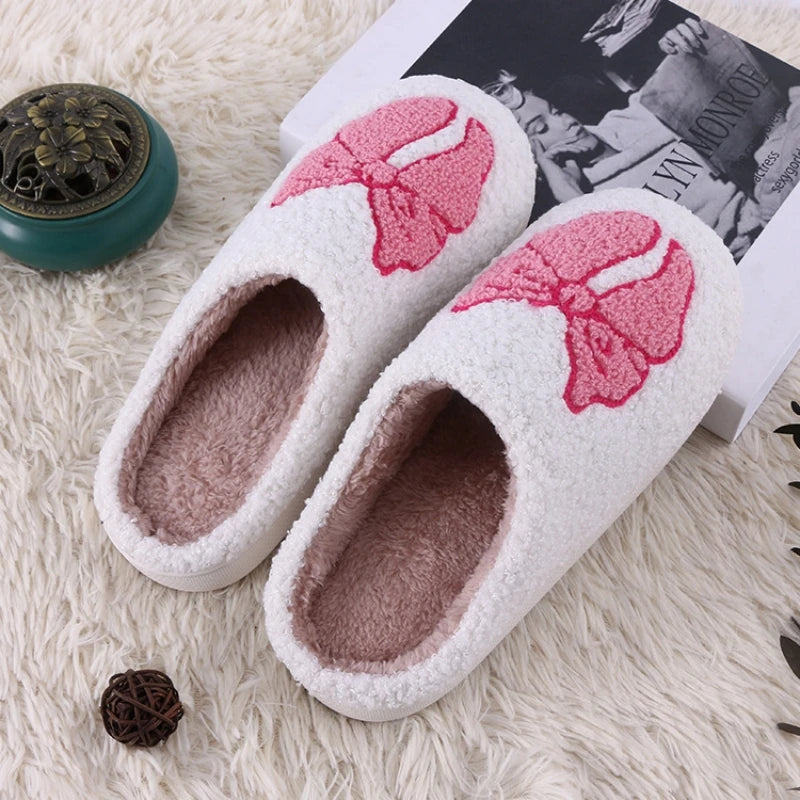 Women's Lovely Pretty Bow Flowers Slippers Men Cartoon Soft Warm Sandals Females Cute Plush Cotton Flat Slides For Autumn Winter Good Vibrations