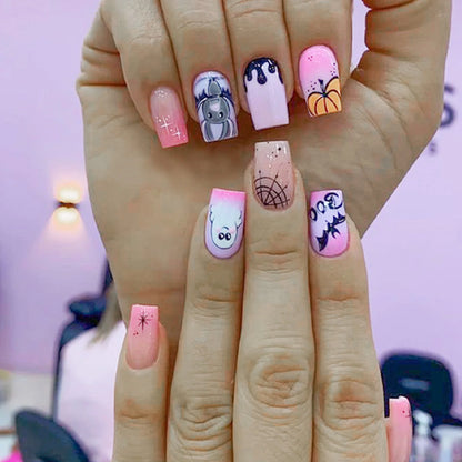 24pcs Halloween Cute Cartoon French Fake Nails Nude Pink Square Press On Nails With Pumpkin Ghost Designs Professional Nail Art Good Vibrations