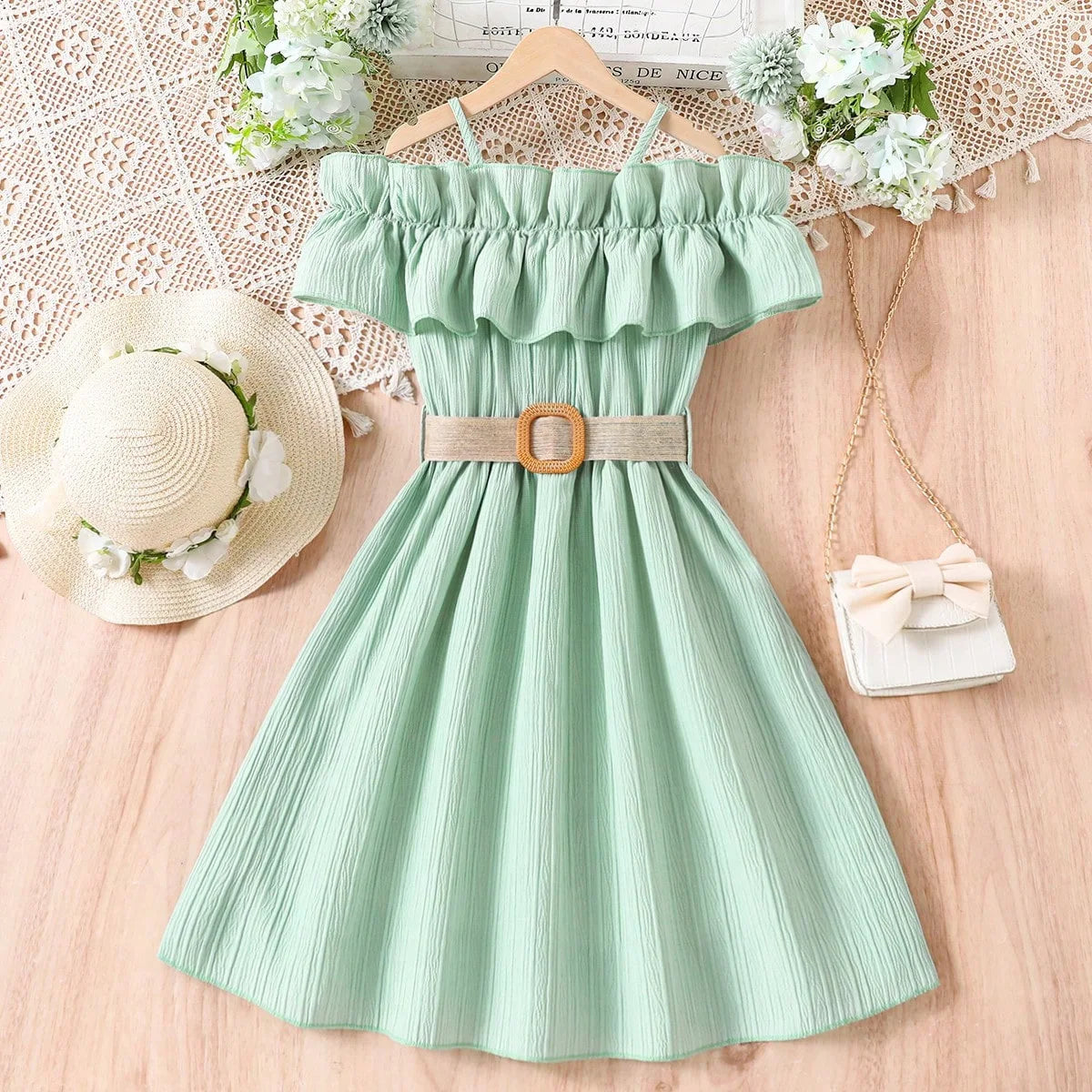 Prowow Girls Party Dresses Sleeveless Belted Halter Neck Hem Dress Holiday Beach Children's Clothing Teenagers Dress For Girls Good Vibrations