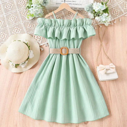 Prowow Girls Party Dresses Sleeveless Belted Halter Neck Hem Dress Holiday Beach Children's Clothing Teenagers Dress For Girls Good Vibrations