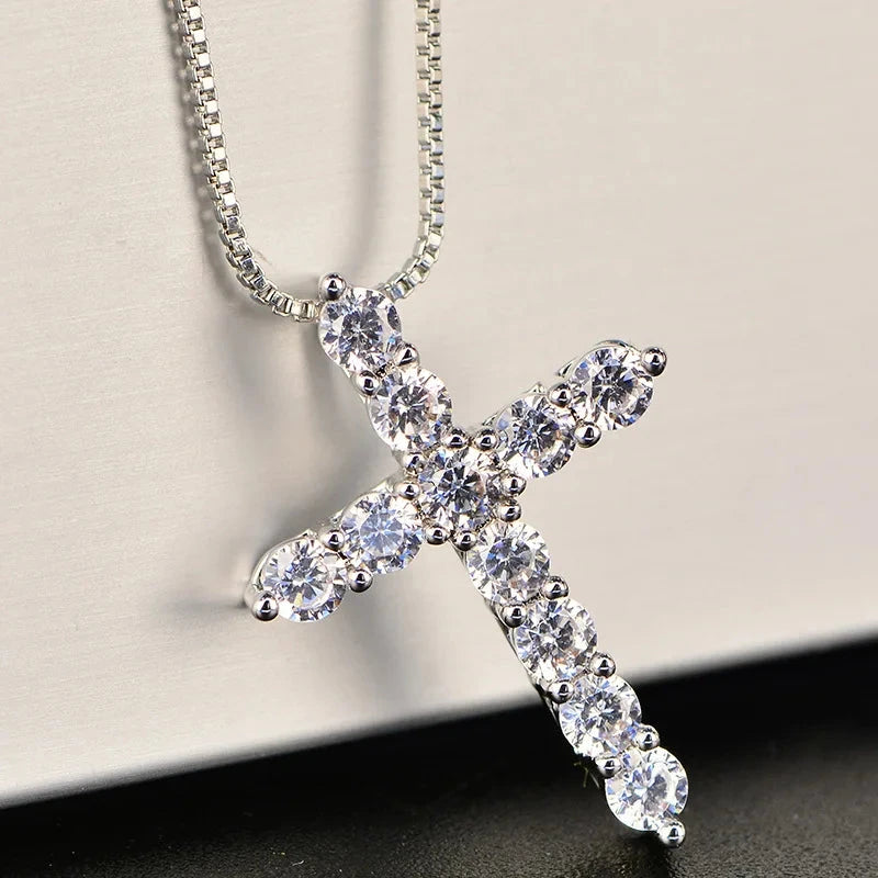 16-24inches 925 Sterling Silver Necklace Box chain Shiny crystal classic cross Pendant For Women men Fashion Jewelry Gifts Good Vibrations