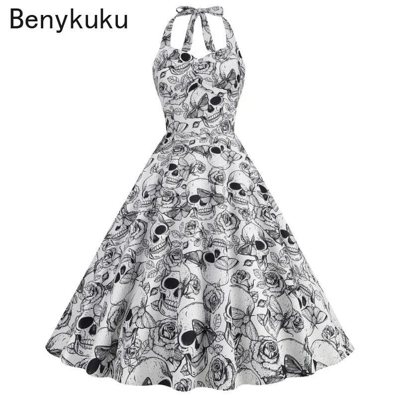 Halloween Costumes for Women Skull Print Halter Dress Sleeveless Tunic Vintage Party Dresses Goth Clothes Masquerade Vestidos Good Vibrations