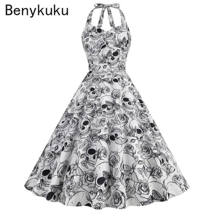 Halloween Costumes for Women Skull Print Halter Dress Sleeveless Tunic Vintage Party Dresses Goth Clothes Masquerade Vestidos Good Vibrations