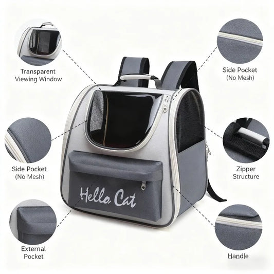 Pet Carrier Backpack with "Hello Cat" Lettering and Transparent Window Breathable Pocket Comfortable Cat & Dog Travel Backpack Good Vibrations