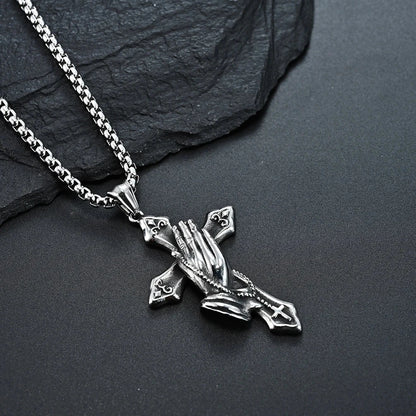 Necklace For Men National Retro Style Hand Of Prayer Stainless Steel Cross Fresh Fashion Necklace Personality Niche Pendant Good Vibrations