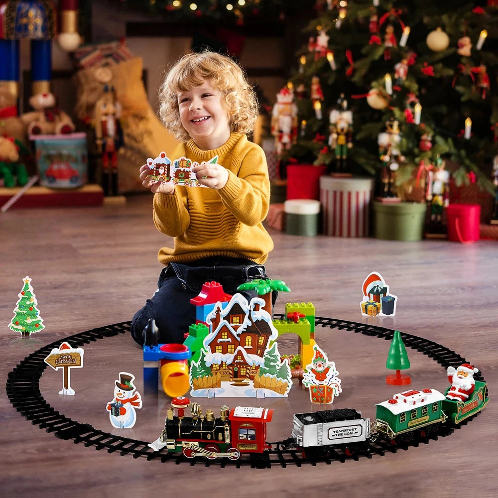 Christmas Tree Train Set - Electric Locomotive with Lights & Sounds for Toddlers, Complete Track & Carriages Holiday Decor Good Vibrations