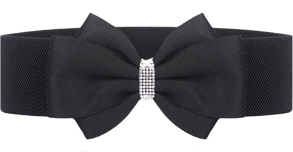 Women's Elastic Bow Belt Wide Rhinestone Stretch Belts Ladies Waist Accessories for Dress Jeans Good Vibrations
