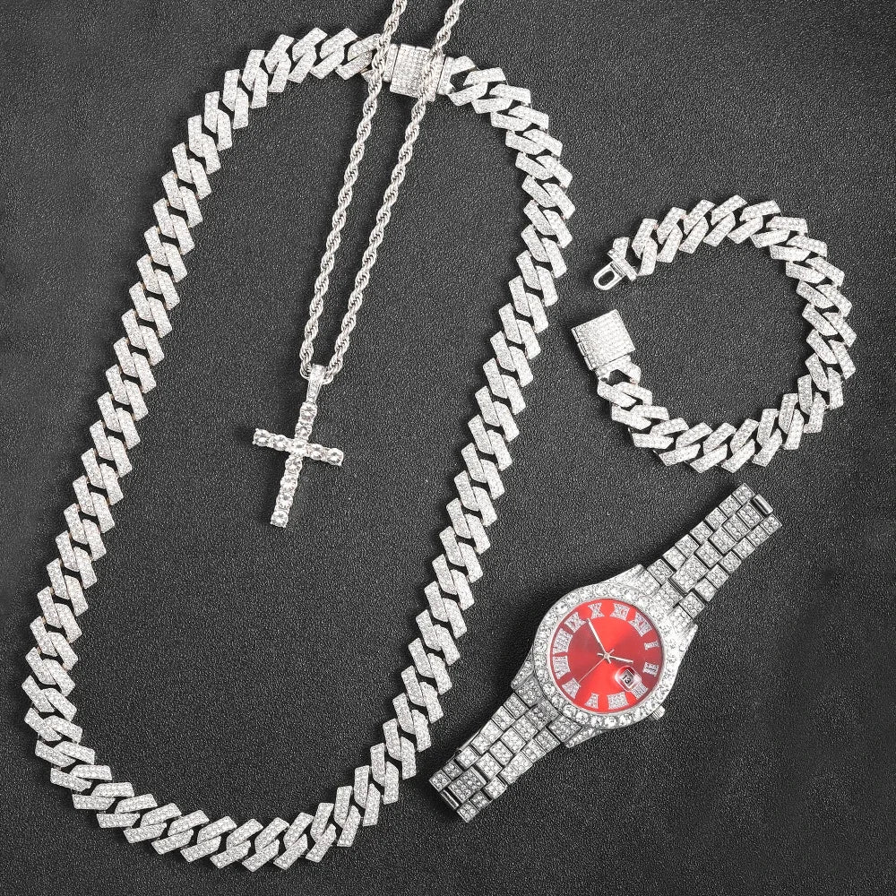 16mm Hip Hop Miami Cuban Link Chain Set Necklace +Watch+Bracelet Creative Iced Out Shiny Trendy Stylish Jewelry For Women Men Good Vibrations