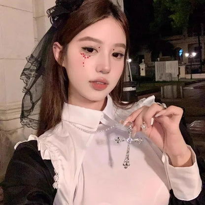 Gothic Cross Necklace for Women Men Vintage Long Layered Pendant Necklace Dark Aesthetic Choker Punk Y2K Jewelry Accessories Good Vibrations