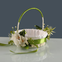 Elegant country-style wedding flower girl basket, decorated with green leaves and bows, suitable for ceremonies and photography Good Vibrations