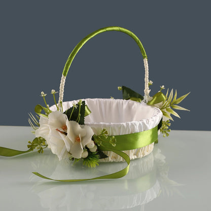 Elegant country-style wedding flower girl basket, decorated with green leaves and bows, suitable for ceremonies and photography Good Vibrations