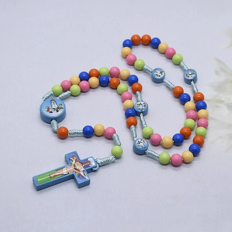 Cartoon Cross Pendant Necklace Kid Rosary Beads Catholic Religious Jewelry Good Vibrations