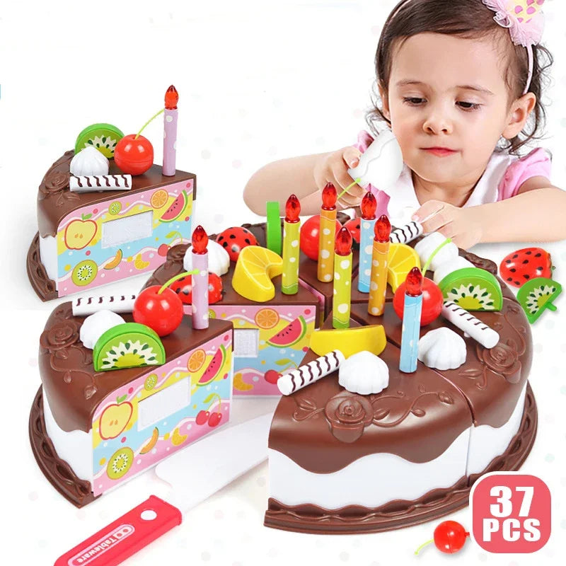 Kids Toy Simulation DIY Birthday Cake Model Kitchen Pretend Play House Cutting Fruit Food Toy for Toddler Children Gift Boy Girl Good Vibrations