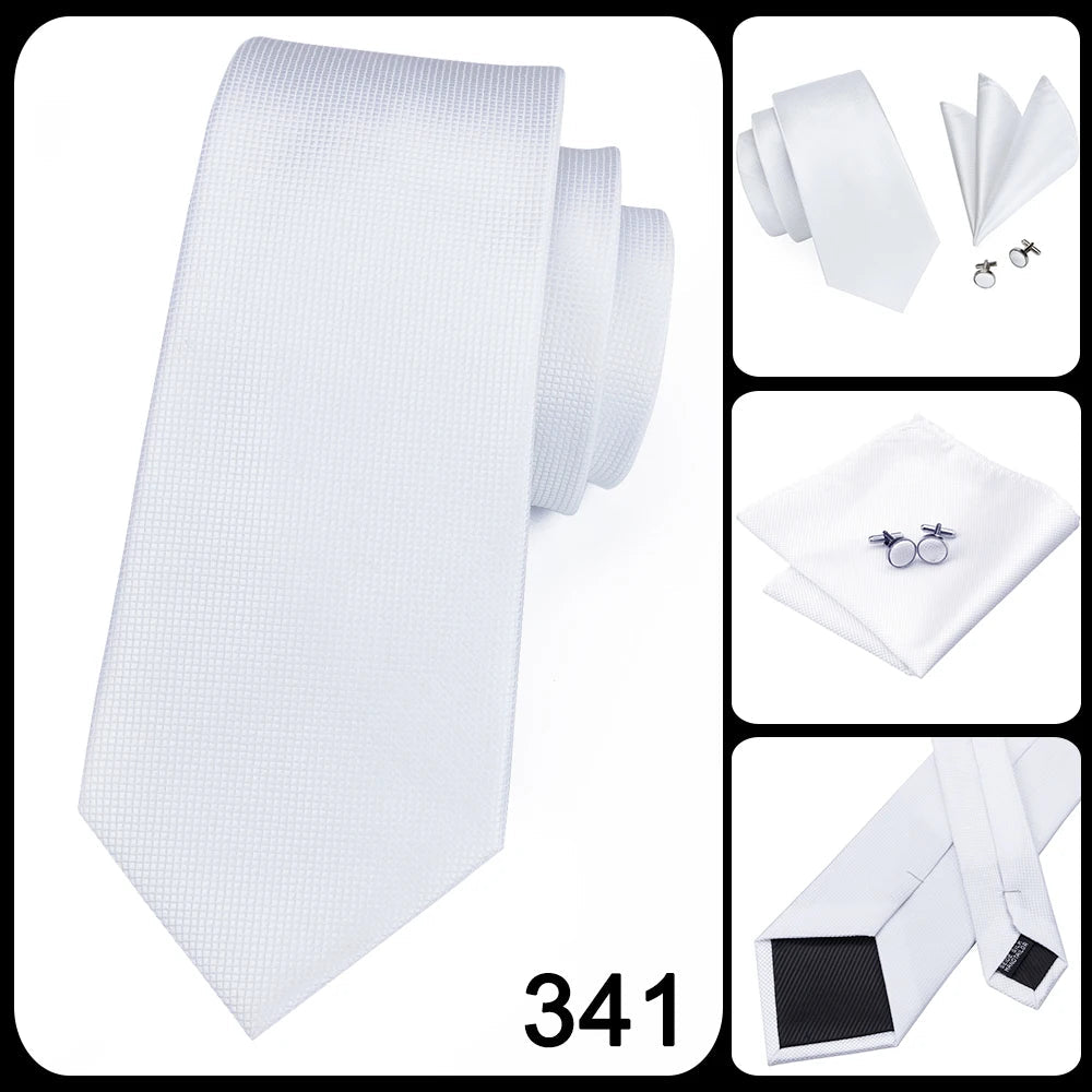 Men's Ties White Sliver Hanky Cufflinks Set Silk Neck ties For Men Wedding Party Business Mens Tie 2022 New Fashion Brand Hi-Tie Good Vibrations