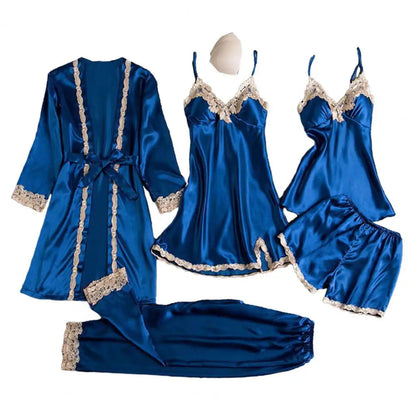 5 Pcs/Set Women Pajamas Set Nightgown Nightdress Top Shorts Pants Set Silky Satin Lace Lace-up Waist Thin Homewear Sleepwear Set Good Vibrations