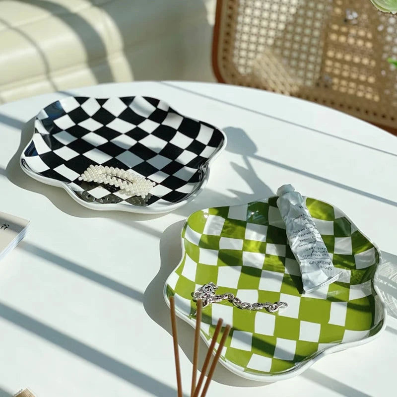 European Chessboard Ceramic Plate Black and White Checkered Irregular Tableware Dinner Plate Dinner Set Plates and Dishes Good Vibrations