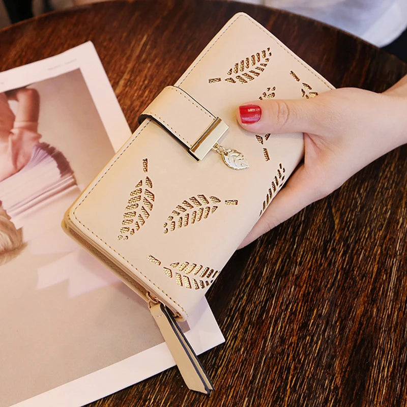 Women Wallet PU Leather Purse Female Long Wallet Gold Hollow Leaves Pouch Handbag For Women Coin Purse Card Holders Clutch Good Vibrations